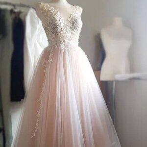 Blush Pink A-Line Tulle Long Prom/Wedding/Bridal/Evening Dress